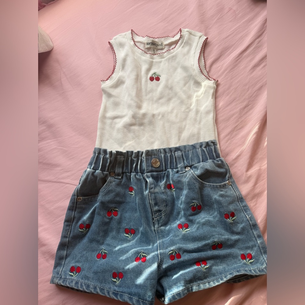 Cherry Embroidered Denim Romper